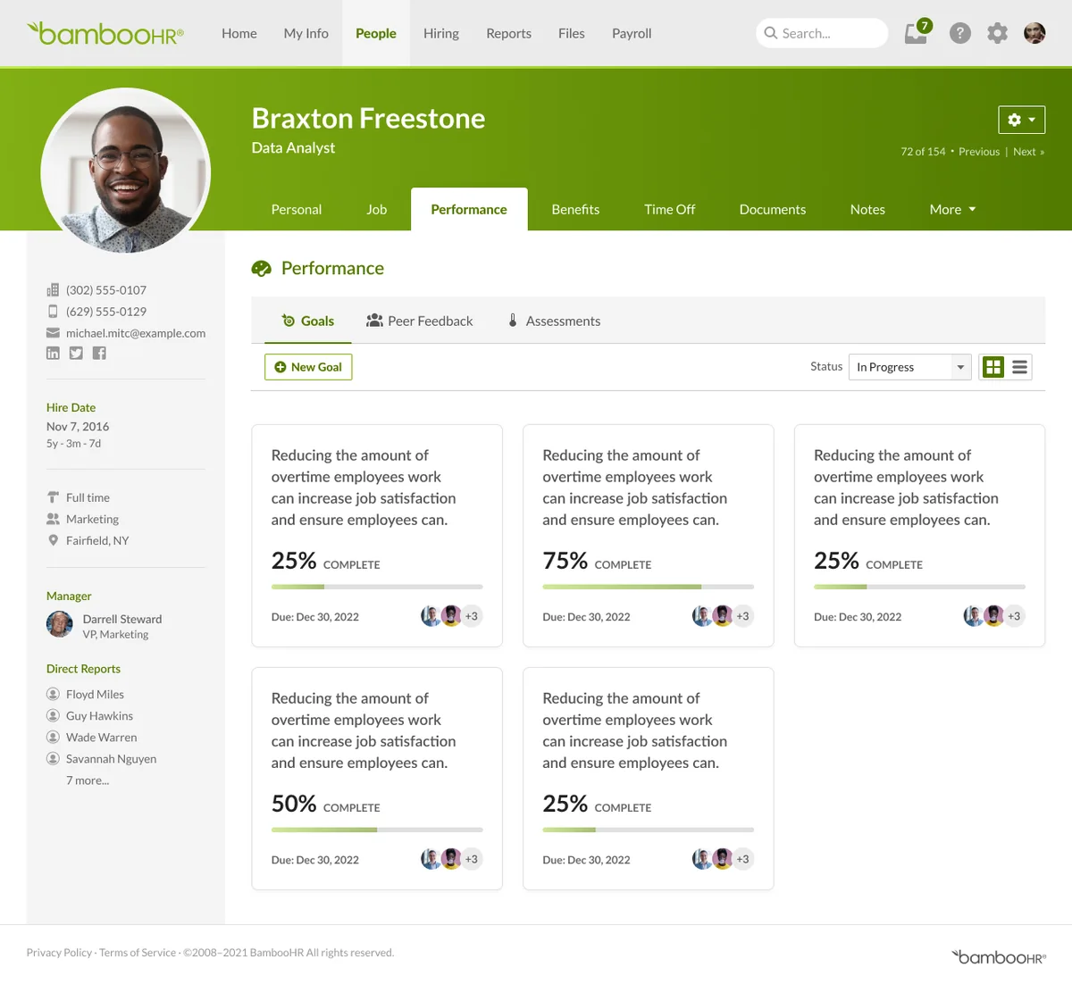 BambooHR goals shown as progress cards